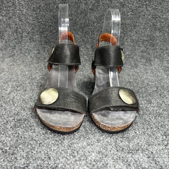 Taos Carousel Sandals Women's 6.5 Black Leather Comfort Wedge Hook Loop Strap - Picture 2 of 12